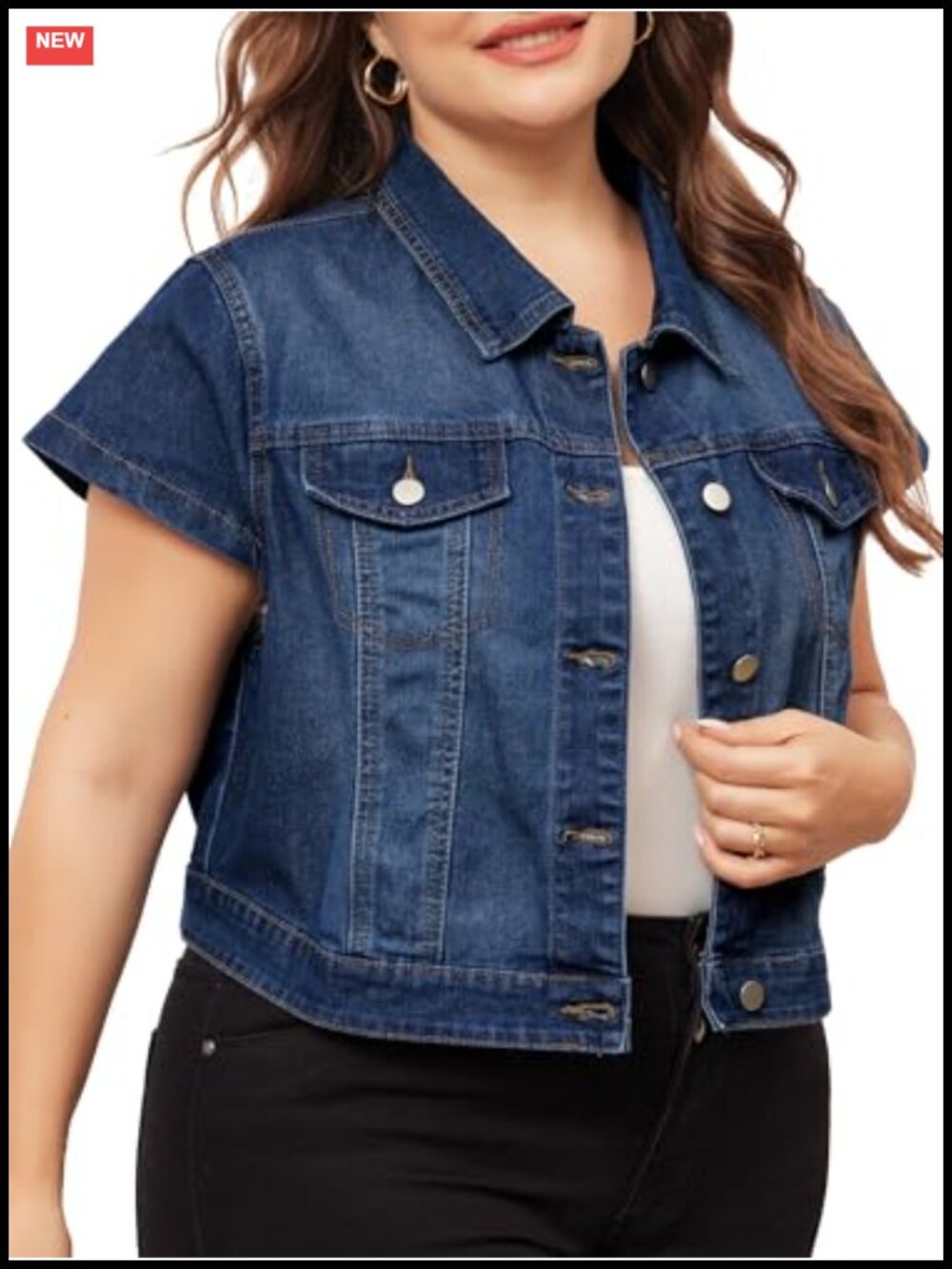 Plus Size Cropped Denim Jacket Women Short Sleeve Button Washed Jean Jacket